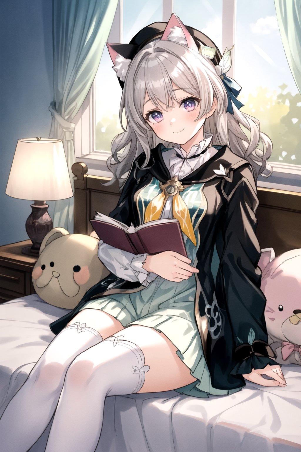 firefly \(honkai: star rail\), 1girl, solo, grey hair, long hair, purple eyes, closed mouth, light smile, black thighhighs,

 
head tilt, dutch angle, (masterpiece, best quality:1.3), 8k ultra detailed, CG, warm and cozy atmosphere, cute and girly aesthetic, pastel pink color scheme, scenic, standing, solo,

(grey hair, long hair with ombre from black to white, curly hair, wearing a cat ear-shaped hat, thigh-high socks),

scenic background:

A bright and cheerful pink-themed bedroom, decorated with soft and fluffy pillows in shades of pink.
The walls and furniture are all in light pink or pastel pink, creating a sweet and inviting ambiance.
Lace curtains adorn the windows, allowing warm sunlight to filter into the room, casting a soft glow.
Plush toys and other cute decorations can be seen scattered around the room, adding to its charm.
Character:

A young girl sitting on the bed, surrounded by plush toys or reading a book.
She is dressed in adorable pajamas or a cute outfit that matches the room's aesthetic.
Atmosphere:

Create a warm and inviting atmosphere, evoking feelings of comfort and coziness.
Incorporate iconic elements such as hearts, stars, or flowers to highlight the girl's personality and preferences.