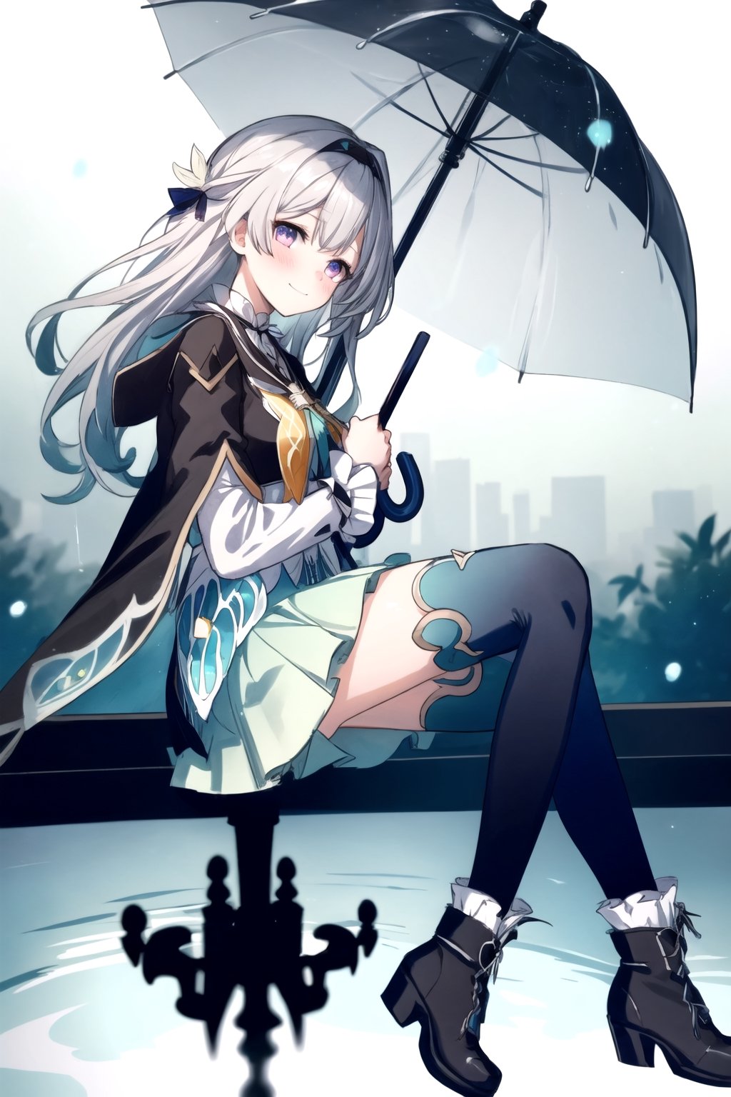 1girl,firefly \(honkai: star rail\),grey hair,long hair,purple eyes,closed mouth,light smile, black thighhighs, best quality, masterpiece, highres, intricate details, looking slightly shyly to the side, dynamic angle, from side, from above, 1girl, solo, holding {transparent umbrella}, looking at viewer, blush, frilled shirt, lacing sleeves, miniskirt, boots, white background, ray tracing, blue light, {waterdrops}, ripples, reflection, light particles, bokeh,