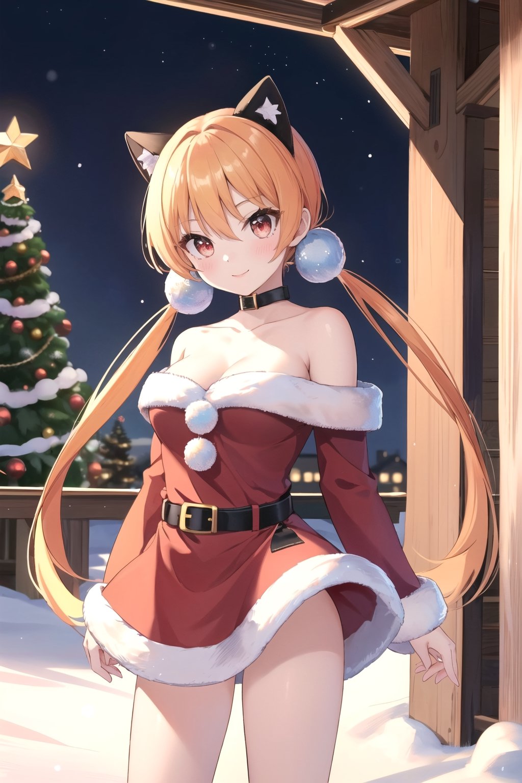 (masterpieces:1, best quality, high quality),alisa, solo,scarlet eyes,  long hair, yellow orange hair , low twintails, (twintails:1),  black fake animal ear, hair bobbles, happy, smile, small boobs, santa dress, red, belt, off shoulders, bare_shilders, bare_neck, collarbone, black high heels,thighs,Detailedface,High detaile,sntdrs, red santa dress, alisa, standing in snow, snow, outdoor, christmas trees, Christmas design, Christmas background, street town, night, starry_night, ultra details, cowboy shot, DonMN30nChr1stGh0sts