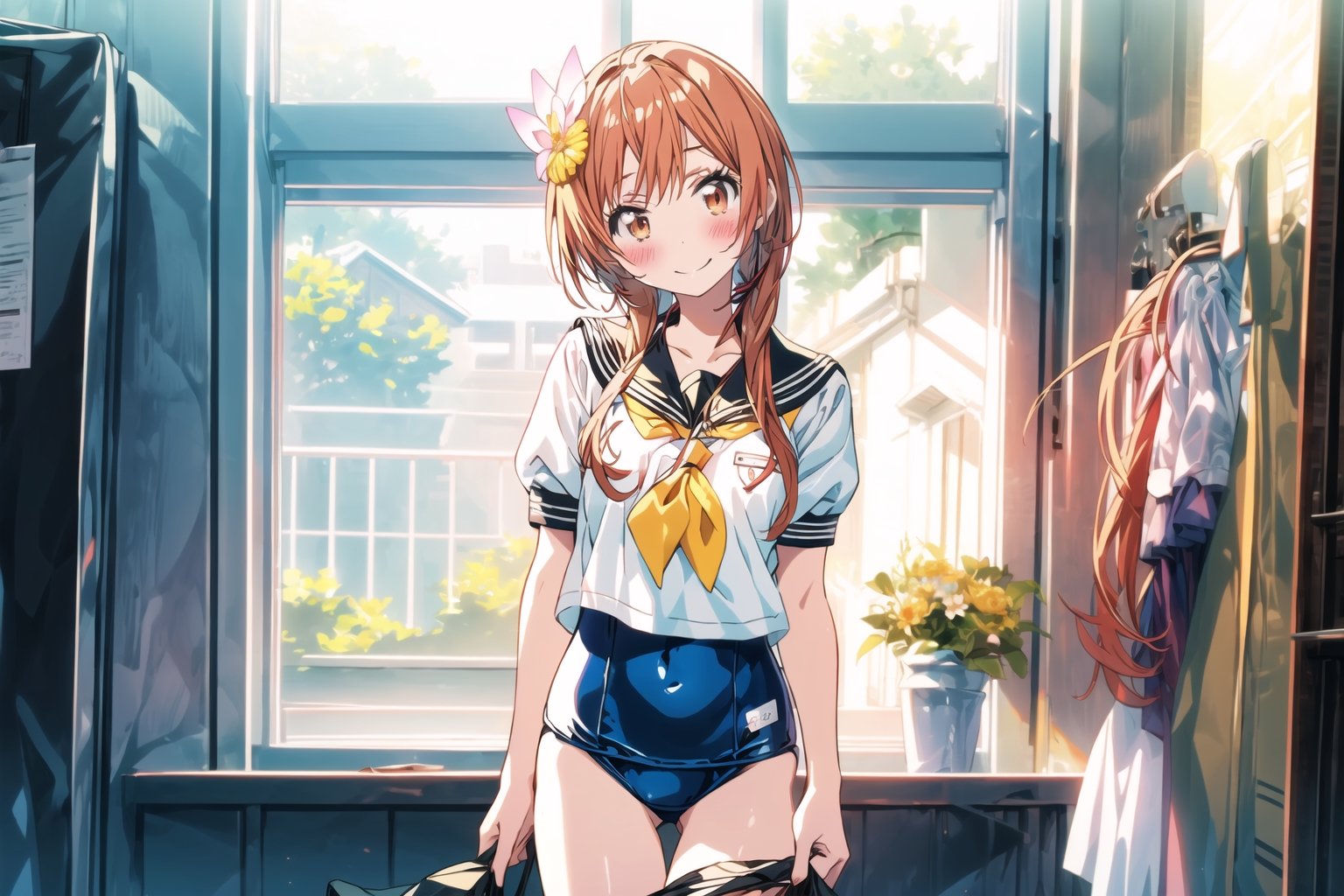 (masterpiece), stockings, (closed mouth: 0.8), (smile: 0.8), Schoolgirl sailor uniform, (school swimsuit: 1.2), classic navy blue and white color scheme, sailor collar with ribbon tie, short-sleeved design, traditional seifuku and sukumizu elements, (long hair: 1.2), hair flower, (1girl :1.2), (blush: 1.2), head tilt, tachibana marika