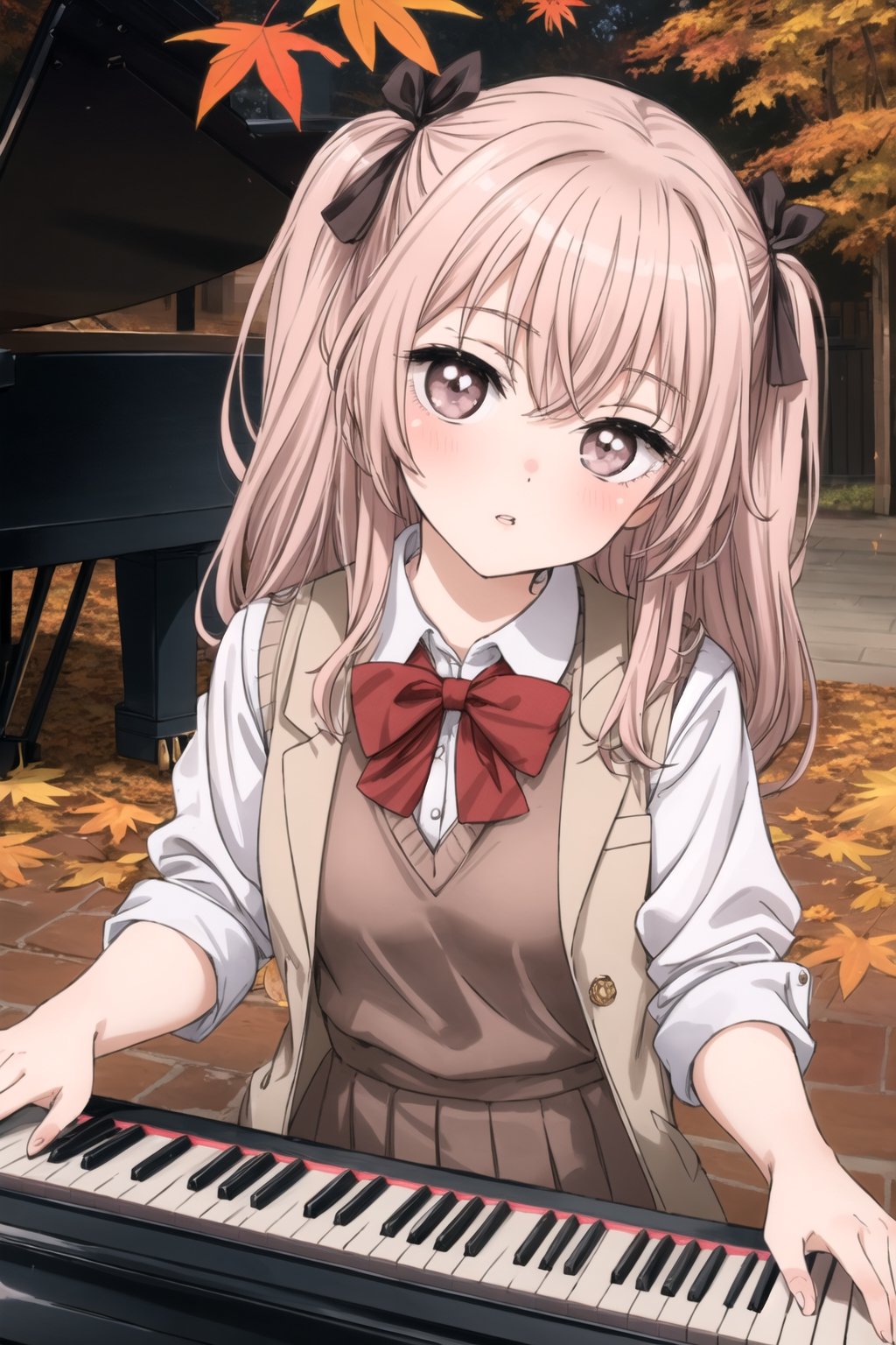 best quality, (masterpiece:1.2), detailed, dutch_angle, inui sajuna juju,1girl, solo, head tilt,parted_lips, blush,pink hair, pink eyes, long hair, looking at the viewer, two side up,

 Instrument: A girl playing a grand piano with piano keys visible, musical notes on the piano.,

 Multicolored Hair with Hair Ribbon: Hair featuring gradient hues, adorned with a hair ribbon.,

 Brown Dress and White Jacket: Outfit consisting of a brown dress paired with a white jacket.,

 Autumn Leaves: Incorporating the theme of autumn leaves in the background or as part of the scene. ,school uniform, sweater vest