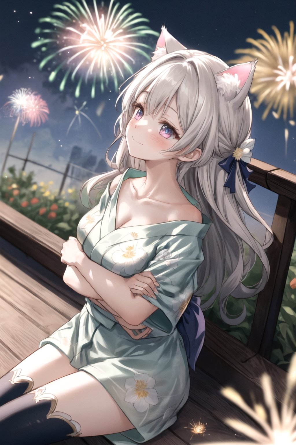 open arms,out stretched arms,hug viewer, open_clothes,nsfw, cat ears,1girl,firefly \(honkai: star rail\),grey hair,long hair,purple eyes,closed mouth,light smile, black thighhighs, best quality, masterpiece, highres, intricate details, looking slightly shyly to the side, dynamic angle, from above, 

 off shoulders, bare_shilders, bare_neck, collarbone, thighs,Detailedface,High detaile,sntdrs, ultra details, cowboy shot, DonMN30nChr1stGh0sts, 
 (festival, night, fireworks), yukata, viewing from below, viewing from side, smiling, blush, beautiful detailed hair, beautiful detailed skin, beautiful detailed light, shade, ((looking away, viewing from below)), ((looking up)), summer, sunshine (((fireworks, flowers, fire))), ((sitting))