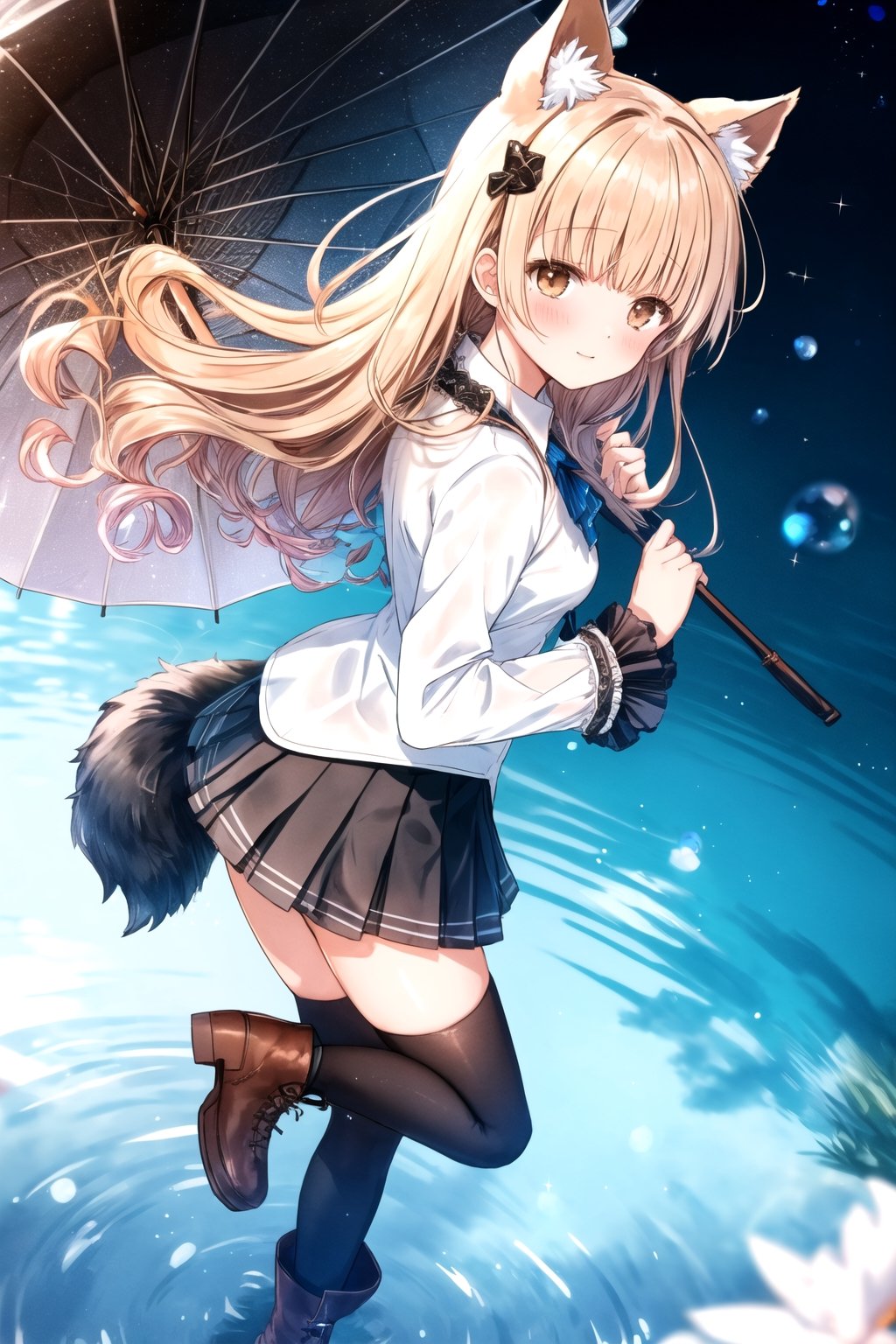 (wink: 1.1), long hair,curly hair, (folded dog ears: 1.1), best quality, masterpiece, highres, 1girl,  Mahiru Shiina, intricate details, hairpin, looking slightly shyly to the side, dynamic angle, from side, from above, 1girl, solo, holding {transparent umbrella}, looking at viewer, blush, black hair, hair ornaments, hairpin, frilled shirt, lacing sleeves, miniskirt, black legwear, boots, white background, ray tracing, blue light, {waterdrops}, ripples, reflection, light particles, bokeh,