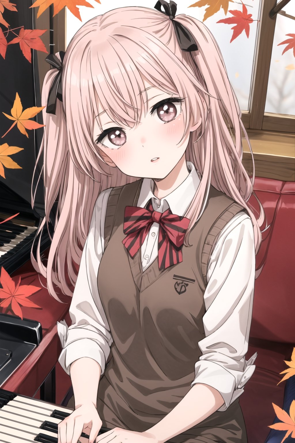 best quality, (masterpiece:1.2), detailed, dutch_angle, inui sajuna juju,1girl, solo, head tilt,parted_lips, blush,pink hair, pink eyes, long hair, looking at the viewer, two side up,

 Instrument: A girl playing a grand piano with piano keys visible, musical notes on the piano.,

 Multicolored Hair with Hair Ribbon: Hair featuring gradient hues, adorned with a hair ribbon.,

 Brown Dress and White Jacket: Outfit consisting of a brown dress paired with a white jacket.,

 Autumn Leaves: Incorporating the theme of autumn leaves in the background or as part of the scene. ,school uniform, sweater vest