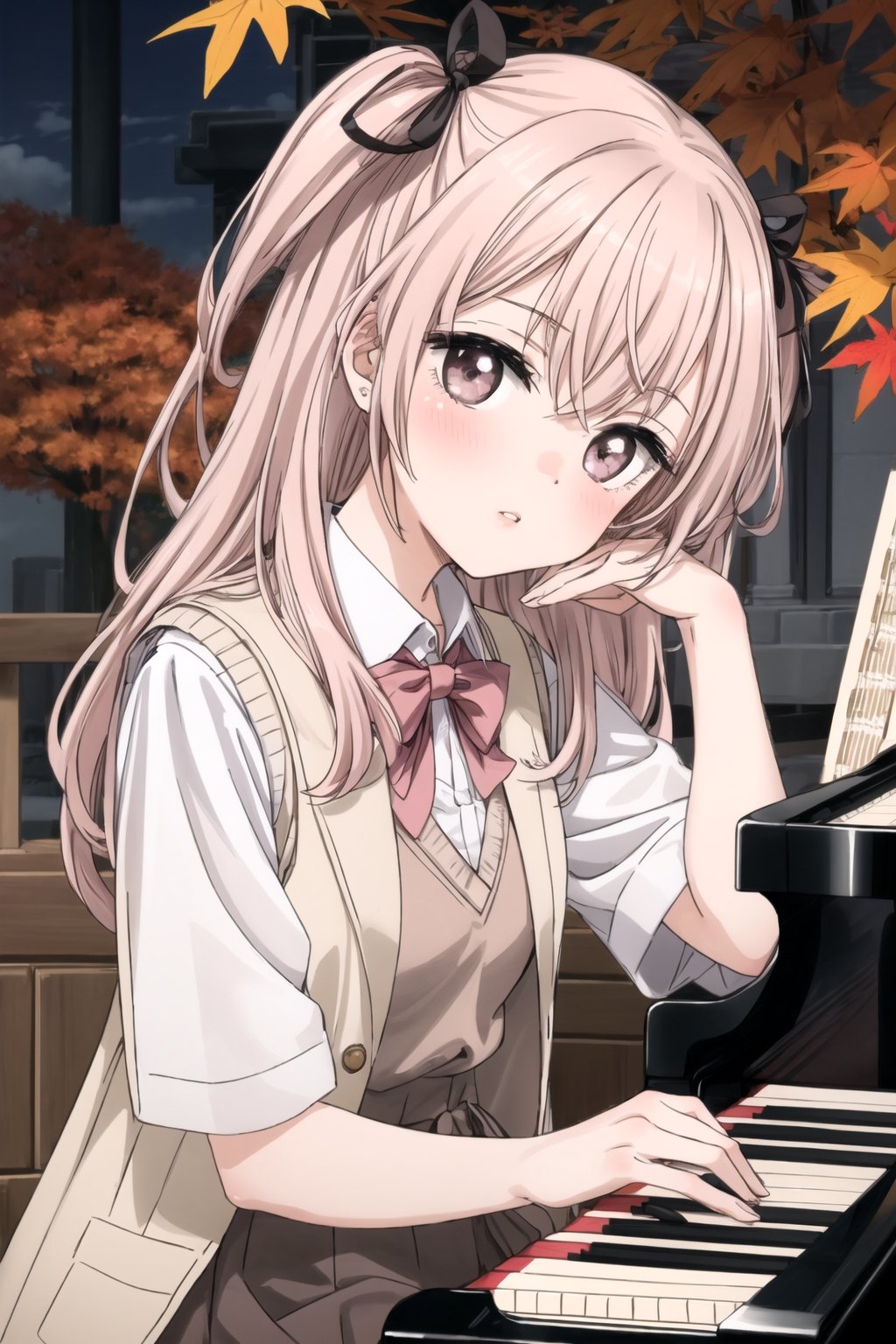 best quality, (masterpiece:1.2), detailed, dutch_angle, inui sajuna juju,1girl, solo, head tilt,parted_lips, blush,pink hair, pink eyes, long hair, looking at the viewer, two side up,

 Instrument: A girl playing a grand piano with piano keys visible, musical notes on the piano.,

 Multicolored Hair with Hair Ribbon: Hair featuring gradient hues, adorned with a hair ribbon.,

 Brown Dress and White Jacket: Outfit consisting of a brown dress paired with a white jacket.,

 Autumn Leaves: Incorporating the theme of autumn leaves in the background or as part of the scene. ,school uniform, sweater vest