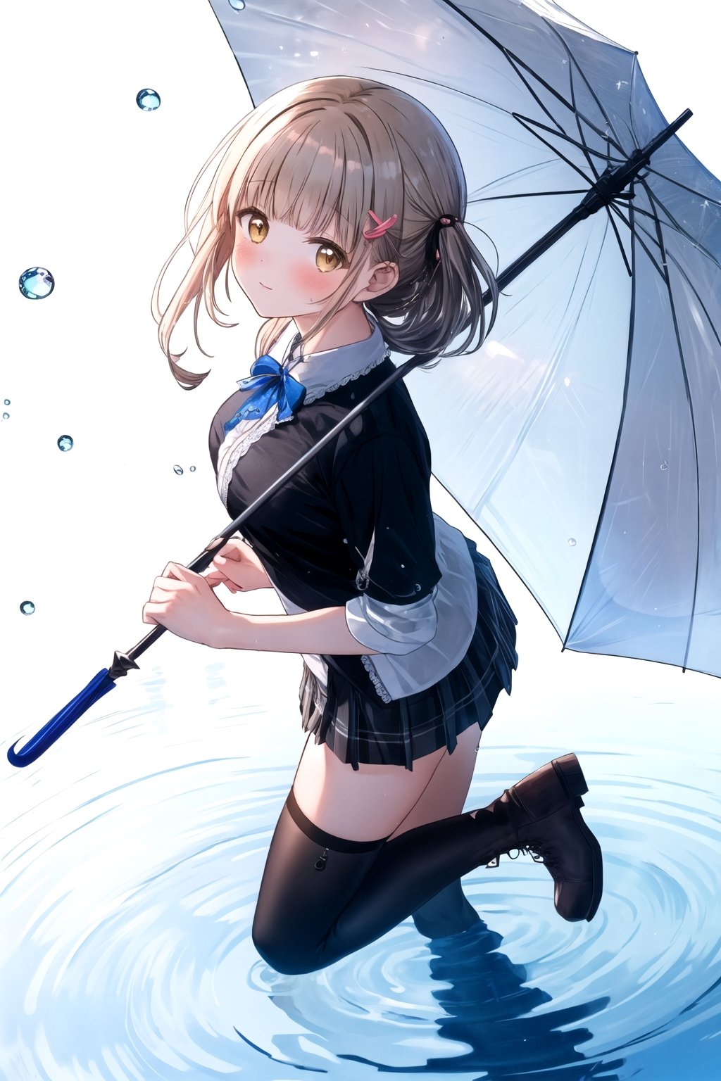 best quality, masterpiece, highres, 1girl,  Mahiru Shiina, intricate details, hairpin, looking slightly shyly to the side, dynamic angle, from side, from above, holding {transparent umbrella}, looking at viewer, blush, black hair, hair ornaments, hairpin, frilled shirt, lacing sleeves, miniskirt, black legwear, boots, white background, ray tracing, blue light, {waterdrops}, ripples, reflection, light particles, bokeh,