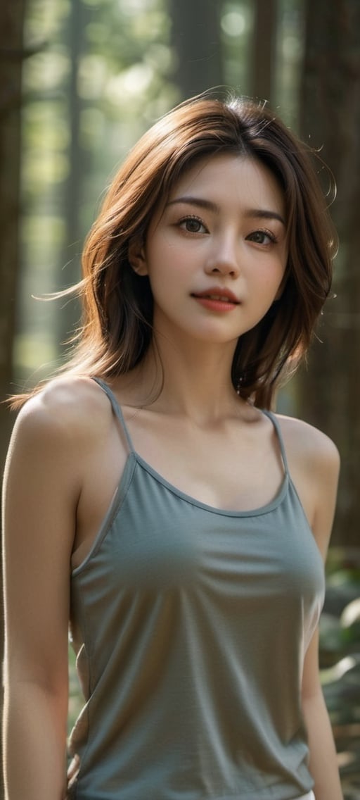 (masterpiece, Best Quality, photorealistic, ultra-detailed, finely detail, high resolution, 8K wallpaper), a close-up portrait of 1 beautiful woman, standing in the forest, have a big stretch in the morning, facing the sunshine, smiling happily, light-brown messy long hair, untidy hair, in silver tank top, armpits, sharp-focus, large-sized breasts, cleavage, perfect dynamic composition, beautiful detailed eyes, detailed hair, detailed realistic skin texture, strong morning sunlight,LinkGirl, Dark Blue Tee Shirt.