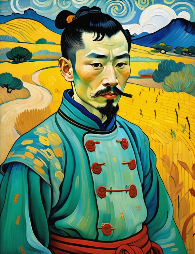 In ancient China, a full body view of a 25-year-old Chinese warrior  with fair skin and short, curly black hair, front view, in the style of Vincent van Gogh, using a vibrant color palette of rich blues, deep yellows, and bold greens with Van Gogh's signature swirling, textured brushstrokes. Artists: Vincent van Gogh, Henri de Toulouse-Lautrec, Paul Gauguin.