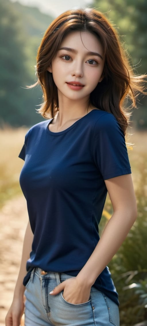 (masterpiece, Best Quality, photorealistic, ultra-detailed, finely detail, high resolution, 8K wallpaper), a close-up portrait of 1 beautiful woman, wear tee-shirt, navy blue color, standing in the forest, have a big stretch in the morning, facing the sunshine, smiling happily, light-brown messy long hair, untidy hair, white_teeth, sharp-focus, large-sized breasts, cleavage, perfect dynamic composition, beautiful detailed eyes, detailed hair, detailed realistic skin texture, strong morning sunlight.