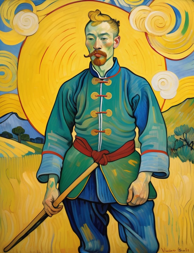 A full body view of a 25-year-old Chinese warrior with fair skin and short, curly blonde hair, front view, in the style of Vincent van Gogh, using a vibrant color palette of rich blues, deep yellows, and bold greens with Van Gogh's signature swirling, textured brushstrokes. Artists: Vincent van Gogh, Henri de Toulouse-Lautrec, Paul Gauguin.