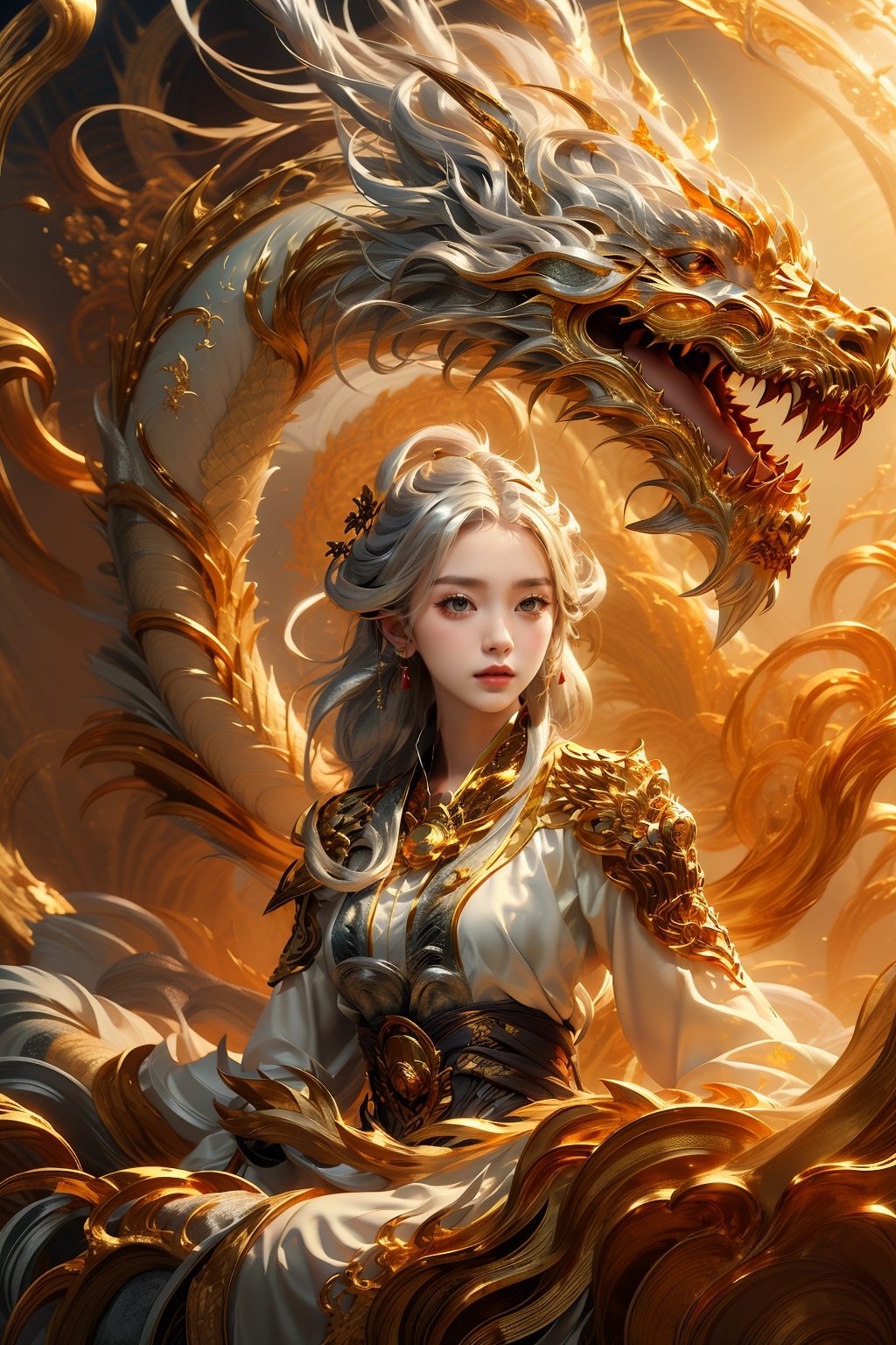 masterpiece, top quality, best quality, official art, beautiful and aesthetic:1.2), (1girl:1.3), chinese dragon, eastern dragon, golden line, (silver theme:1.6), volumetric lighting, ultra-high quality, photorealistic, sky background,3va,Circle,Realism