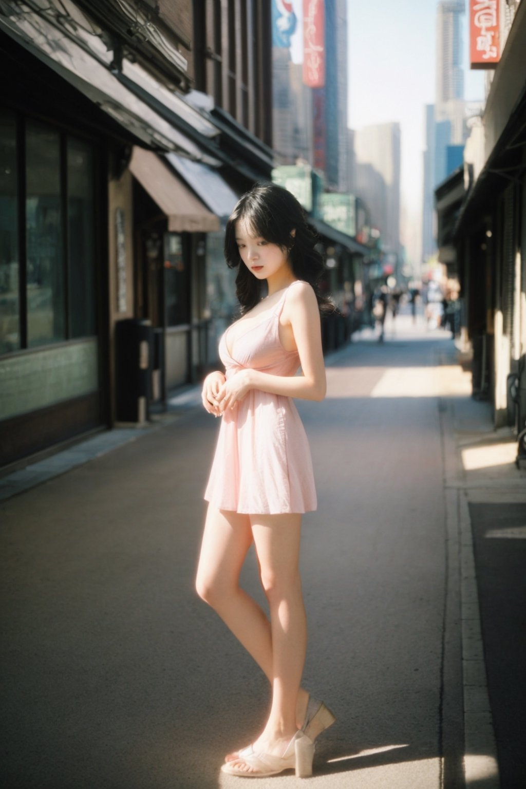 (8k, RAW Photos, top-quality, ​masterpiece:1.2), (realisitic, Photorealsitic:1.37), physically-based renderingt, 女の子1人, japanes, 25-years old, femele, A photo that shows the entire body, during daytime, A city scape, Street, natural soft light, photon maping, Radio City, delicate brushwork, evocative use of light and shadow, color contrast,small head,  
(masterpiece, best quality, perfect detailed, high quality texture and skin:1.3),solo, (__age__:1.8), (__color__ hair, __hairstyle__, __hairlength_long__), __faces__, __color__ eyes, __eyes__, low blush, (__breasts__:1.45), __NGclothes__, standing,looking at viewer, from front, (full body:1.25), __hair_color1__