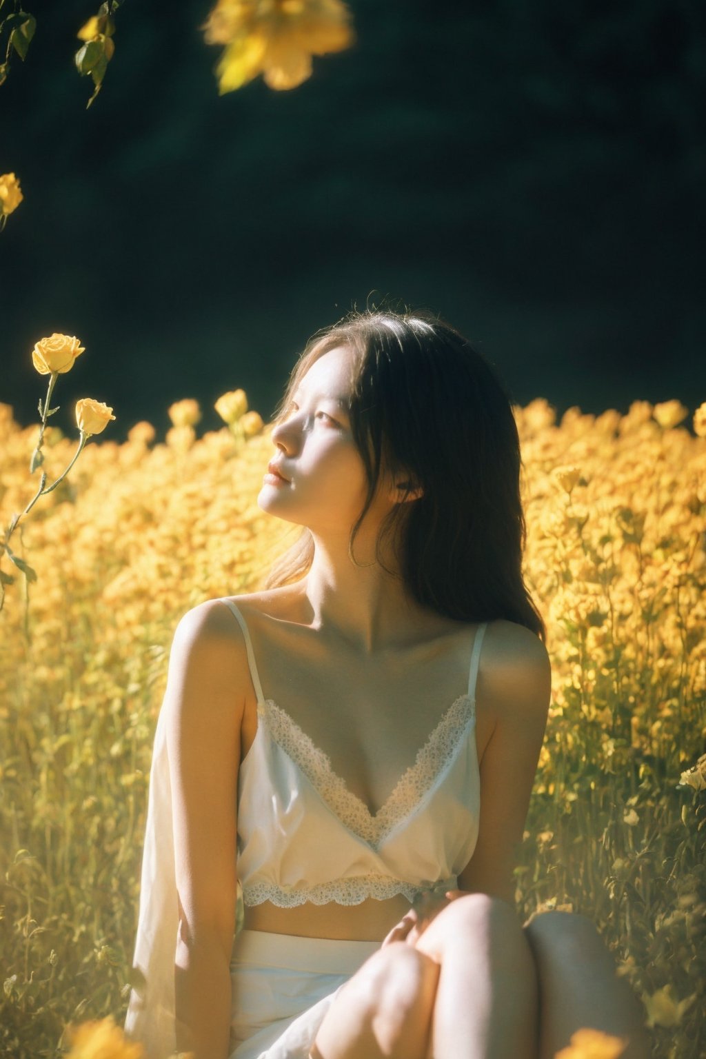 A melancholic autumn scene in a vast flower field,a gentle breeze rustling through the dry grass,fallen leaves scattered among the flowers, a bittersweet atmosphere, small head, Well-proportioned body, A photo that shows the entire body,  clothing that sticks to the body, No bra, a moment of quiet contemplation,1girl, silver long hair,white_skirt, outfit ,roses,(dynamic angle:1.1),vivid,Soft and warm color palette, delicate brushwork, evocative use of light and shadow, wide shot,subtle details in the wilting flowers,high contrast,color contrast