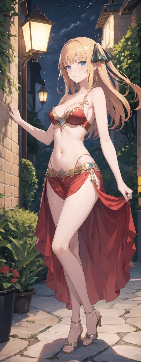 masterpiece, illustration, semi-anime, best detailed, Clear picture, 8K,  beautiful face, looking at viewer, (masterpiece, high quality:1.2),

short skirt, navel, small_breasts, narrow waist, garden, lustrous skin, cleavage, happy, sexy, long hair, full body, slim legs, long leg, blue eyes, mesmerizing, bare_shoulder, red Arabian belly dancer gown, nn1, blonde hair, legs_apart, night 