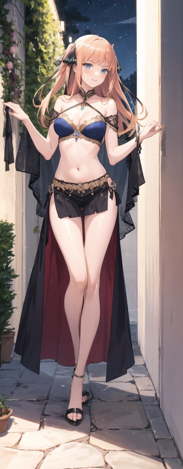 masterpiece, illustration, semi-anime, best detailed, Clear picture, 8K,  beautiful face, looking at viewer, (masterpiece, high quality:1.2),

short skirt, navel, small_breasts, narrow waist, garden, lustrous skin, cleavage, happy, sexy, long hair, full body, slim legs, long leg, blue eyes, mesmerizing, bare_shoulder, red Arabian belly dancer gown, nn1, blonde hair, legs_apart, night 