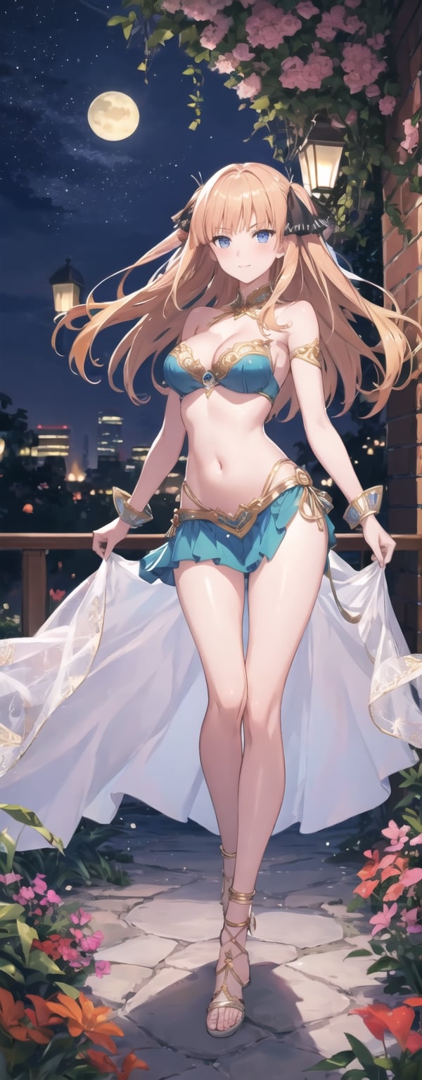 masterpiece, illustration, semi-anime, best detailed, Clear picture, 8K,  beautiful face, looking at viewer, (masterpiece, high quality:1.2),

short skirt, navel, small_breasts, narrow waist, garden, lustrous skin, cleavage, happy, sexy, long hair, full body, slim legs, long leg, blue eyes, mesmerizing, bare_shoulder, red Arabian belly dancer gown, nn1, blonde hair, legs_apart, night 