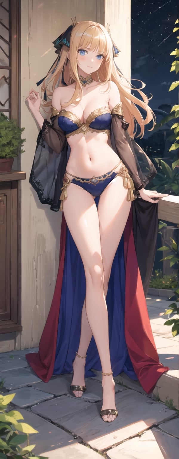 masterpiece, illustration, semi-anime, best detailed, Clear picture, 8K,  beautiful face, looking at viewer, (masterpiece, high quality:1.2),

short skirt, navel, small_breasts, narrow waist, garden, lustrous skin, cleavage, happy, sexy, long hair, full body, slim legs, long leg, blue eyes, mesmerizing, bare_shoulder, red Arabian belly dancer gown, nn1, blonde hair, legs_apart, night 