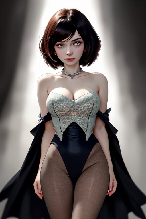 A close-up shot of a standing confidently against a dark background. (Elizabeth from Bioshock) She wears a mini see through dress that showcases her toned legs, paired with opaque black pantyhose that adds a touch of sophistication. Her bright blonde hair is styled neatly, framing her face as she gazes directly at the camera with a hint of mischief in her eyes. Slight false smile