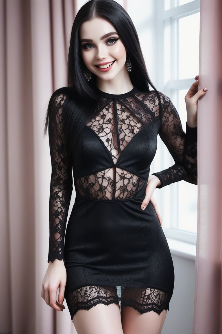 ((Front and back detail view)) (Fashion Lookbook) Stunning. Smiling. Detailed High heels. Skinny body. Long hair with curtains. Wide hips. Color eyelashes. Happy. Black seethrough lace rave tight dress. Standing. Pale skin. Black hair,