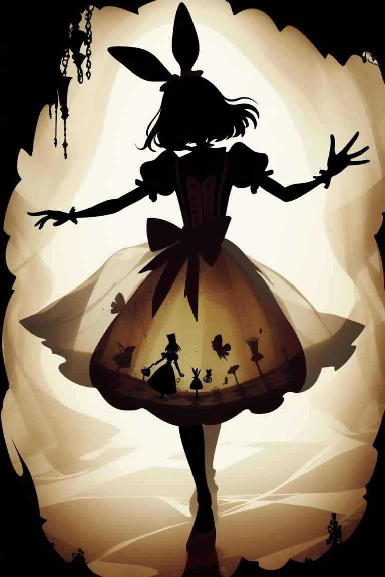 Holding a translucent bed sheet. Silhouette. Alice form Alice madness returns.