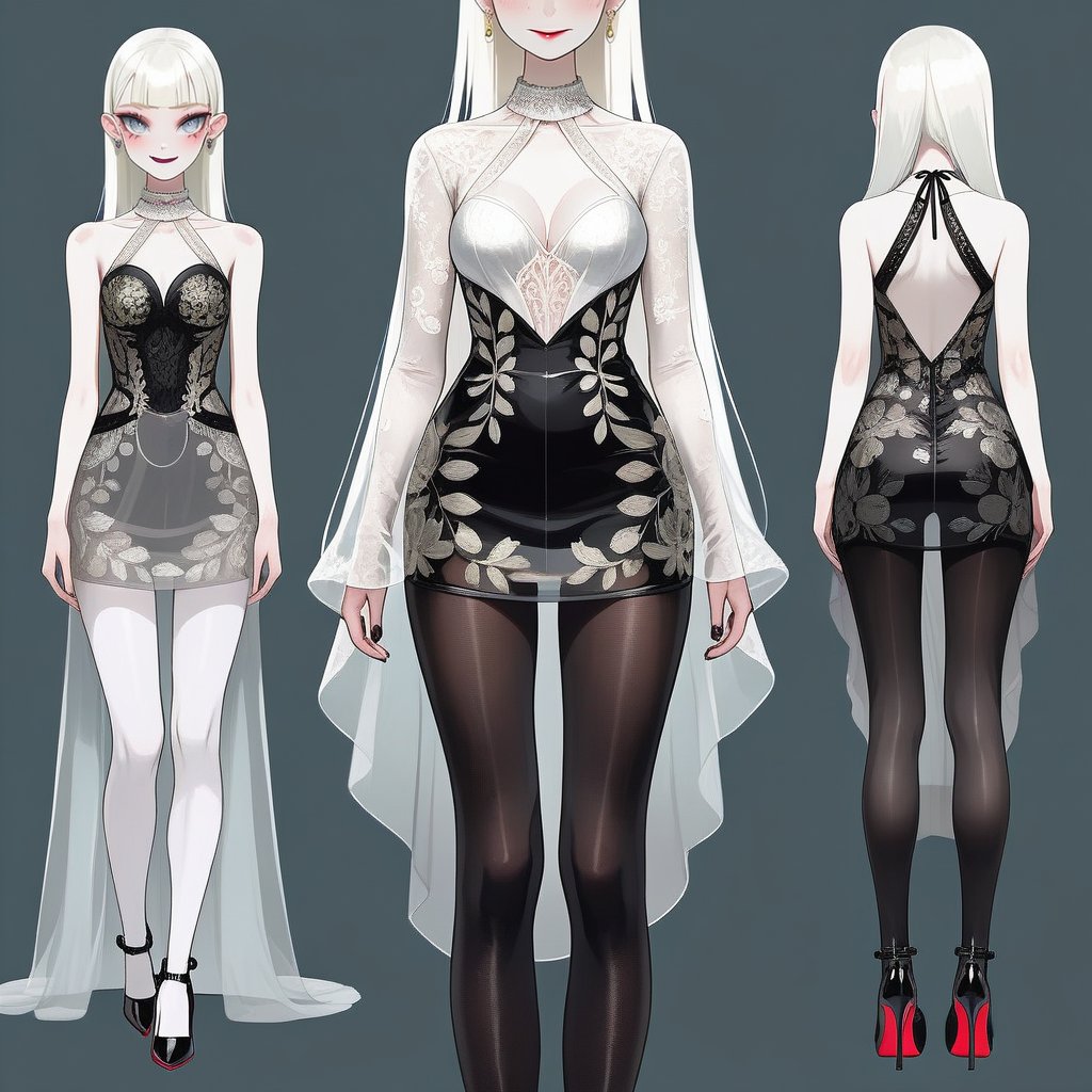 ((Front and back detail view)) Finnish girl. (Fashion Lookbook) Stunning. Smiling. Detailed High heels. Skinny body. Long hair with bangs. Wide hips. Eye shadows. Happy. White mini tight transparente see through dress. Standing. Pale skin. Black pantyhose. Cute face
