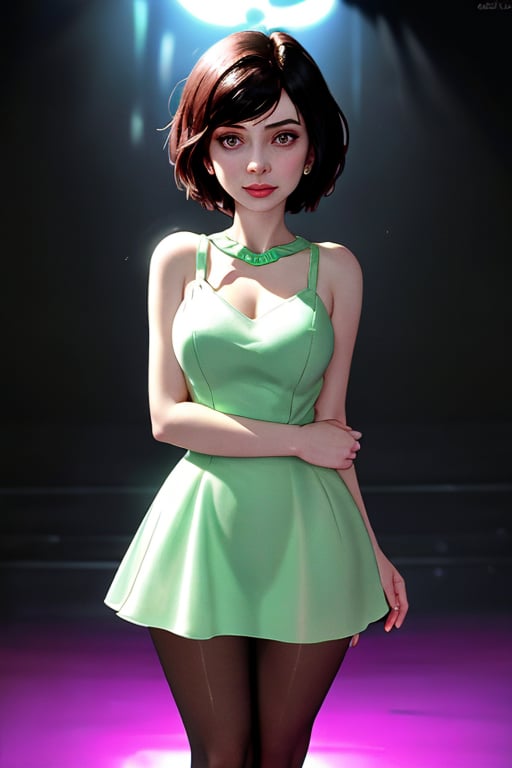 (Front and back orthographic view) A standing confidently against a dark background. (Elizabeth from Bioshock) She wears a mini prom rave see through dress that showcases her toned legs, paired with opaque black pantyhose that adds a touch of sophistication. Her bright blonde hair is styled neatly, framing her face as she gazes directly at the camera with a hint of mischief in her eyes. Slight false smile