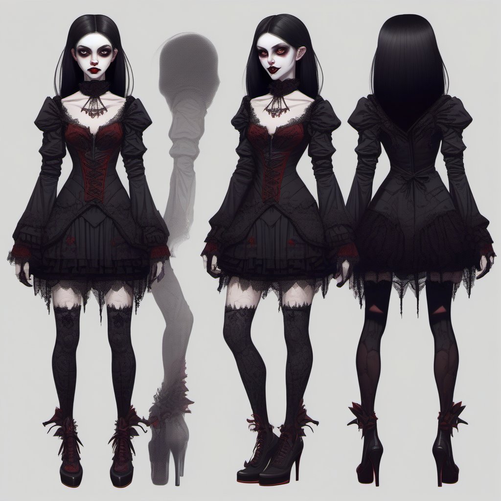 Very detailed eyes. Minidress. Vampire girl. Happy. High heels. Dark style. Pale skin. Front and back orthographic view. Same character and same outfit. High quality. Dark romanticism