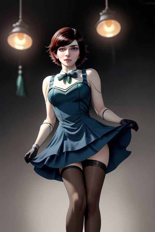 A close-up shot of a standing confidently against a dark background. (Elizabeth from Bioshock) She wears a mini see through dress that showcases her toned legs, paired with opaque black pantyhose that adds a touch of sophistication. Her bright blonde hair is styled neatly, framing her face as she gazes directly at the camera with a hint of mischief in her eyes. Slight false smile