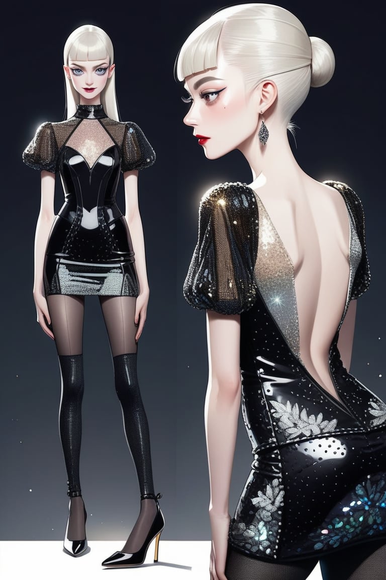 ((Front and back detail view)) Finnish girl. (Fashion Lookbook) Stunning. Smiling. Detailed High heels. Skinny body. Long hair with bangs. Wide hips. Color eyelashes. Happy. Carbon and diamond sequin layered tulle mini tight dress. Standing. Pale skin.