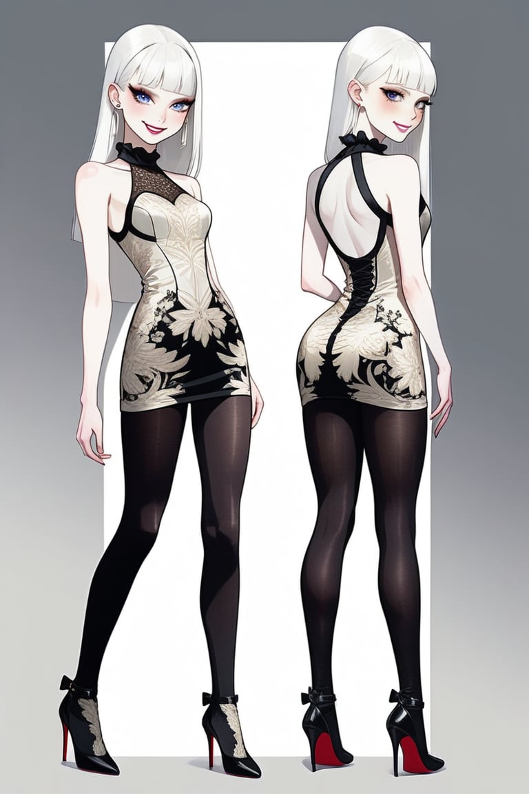 ((Front and back detail view)) Finnish girl. (Fashion Lookbook) Stunning. Smiling. Detailed High heels. Skinny body. Long hair with bangs. Wide hips. Eye shadows. Happy. White mini tight dress. Standing. Pale skin. Black pantyhose