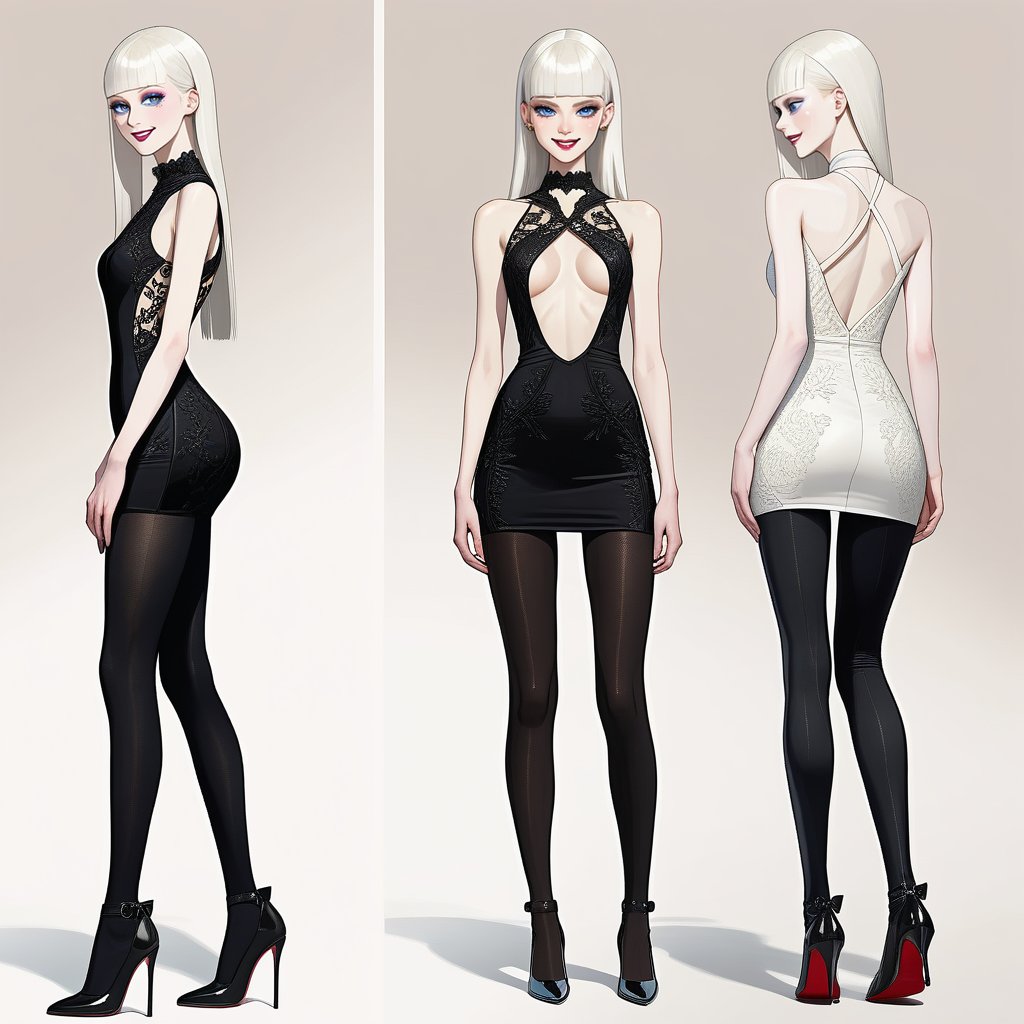 ((Front and back detail view)) Finnish girl. (Fashion Lookbook) Stunning. Smiling. Detailed High heels. Skinny body. Long hair with bangs. Wide hips. Eye shadows. Happy. White mini tight dress. Standing. Pale skin. Black pantyhose