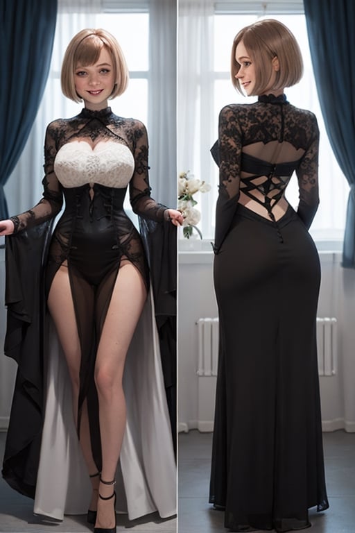 ((Front and back orthographic view)) (sheer see thought  gothic dress). Freckles. Bleach redhead blunt bob haircut with straight curtains. Skinny Body. Wide hips. Light smile. Pale creamy skin.