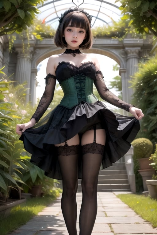 High heels. Detailed and intricate. Straight hair with bangs. Gothic mini dress with green corset lace. Garden. POV from below view. porcelain skin,DonMBl00mingF41ryXL; pantyhose