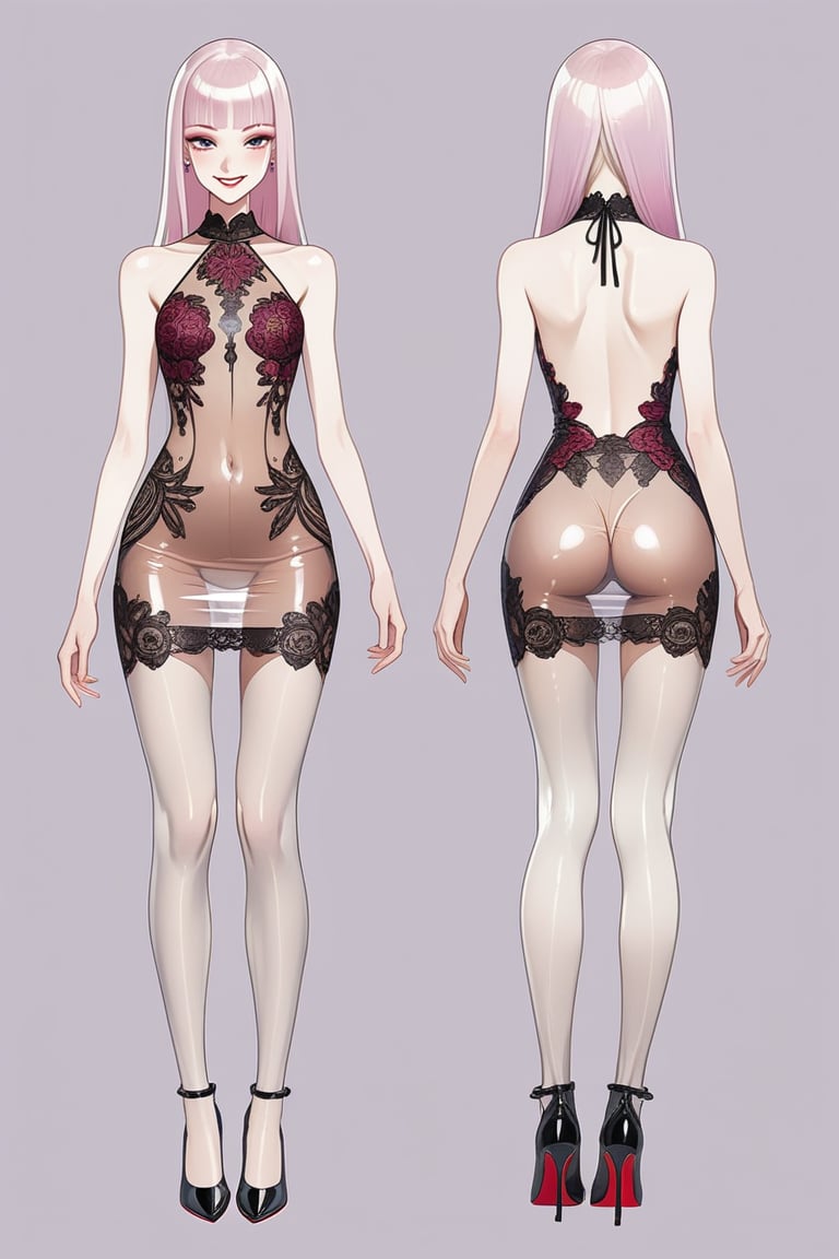 ((Front and back detail view)) Finnish girl. (Fashion Lookbook) Stunning. Smiling. Detailed High heels. Skinny body. Long hair with bangs. Wide hips. Happy. mini tight transparente see through dress. Standing. Pale skin. Purple Red highlights hair. Detailed eyes