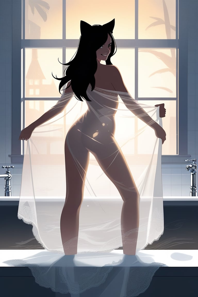 High quietly drawing. Close view. Masterpiece.Holding a translucent bed sheet, bathroom. Smile.Thighgap. Frontal view. Ahri from league of legends,see-through_silhouette