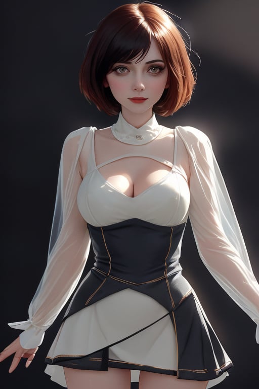 A close-up shot of a standing confidently against a dark background. (Elizabeth from Bioshock) She wears a mini see through dress that showcases her toned legs, paired with opaque black pantyhose that adds a touch of sophistication. Her bright blonde hair is styled neatly, framing her face as she gazes directly at the camera with a hint of mischief in her eyes. Slight false smile