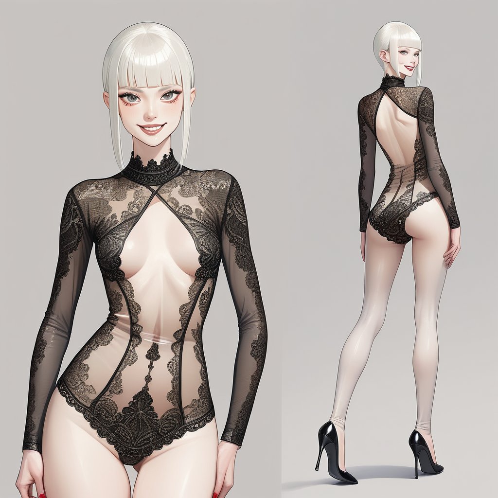 ((Front and back detail view)) Finnish girl. (Fashion Lookbook) Stunning. Smiling. Detailed High heels. Skinny body. Red and black Long hair with bangs. Wide hips. Happy. mini tight transparente see through dress. Standing. Pale skin.