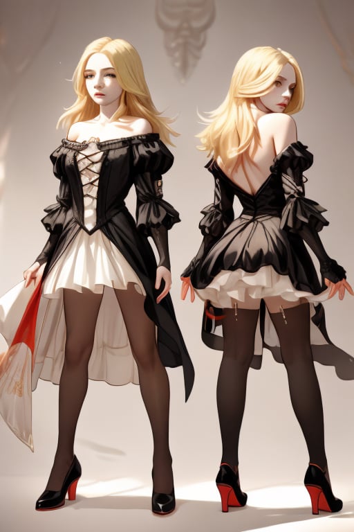  (Front and back orthographic view) Alice from Alice madness returns. standing confidently against a color background. She wears a mini red satin dress that showcases her toned legs, paired with opaque black pantyhose that adds a touch of sophistication. Her bright blonde hair is styled neatly, framing her face as she gazes directly at the camera with a hint of mischief in her eyes.