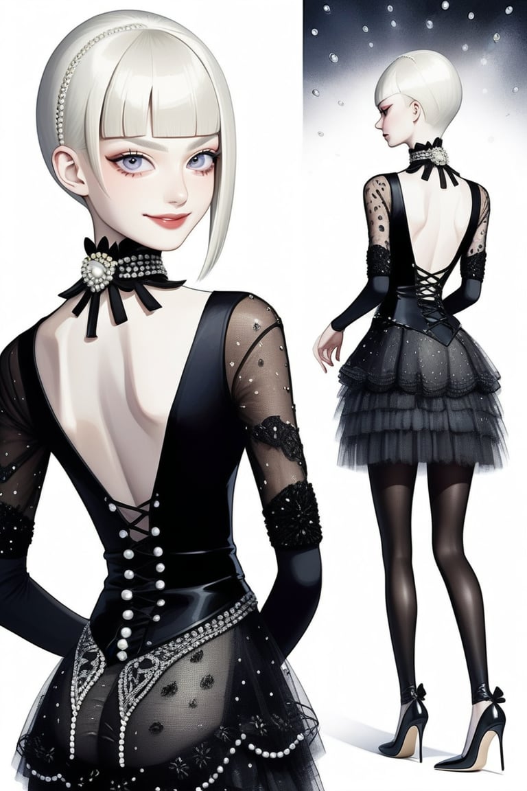 ((Front and back detail view)) Finnish girl. (Fashion Lookbook) Stunning. Smiling. Detailed High heels. Skinny body. Long hair with bangs. Wide hips. Eye shadows. Happy. White pearl and diamond layered tulle mini tight dress. Standing. Pale skin. Black pantyhose