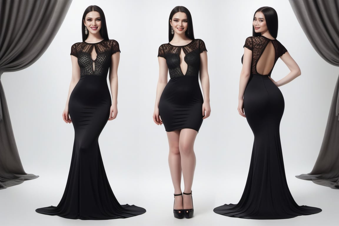 ((Front and back detail view)) (Fashion Lookbook) Stunning. Smiling. Detailed High heels. Skinny body. Long hair with curtains. Wide hips. Color eyelashes. Happy. Black seethrough lace rave tight dress. Standing. Pale skin. Black hair,