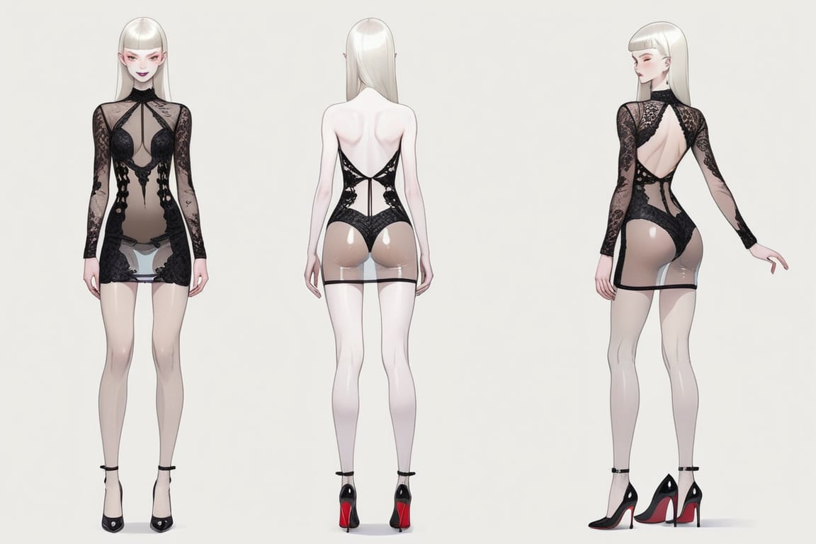 ((Front and back detail view)) Finnish girl. (Fashion Lookbook) Stunning. Smiling. Detailed High heels. Skinny body. Red and black Long hair with bangs. Wide hips. Happy. mini tight transparente see through dress. Standing. Pale skin.