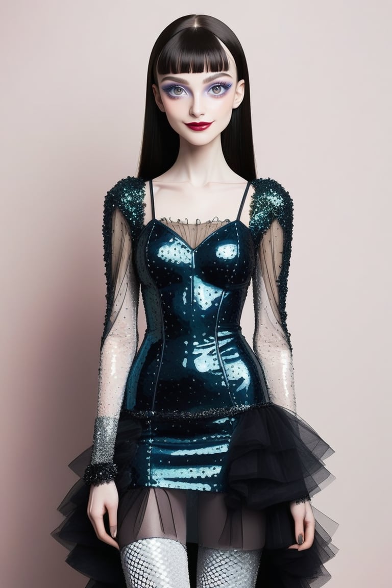 ((Front and back detail view)) Finnish girl. (Fashion Lookbook) Stunning. Smiling. Detailed High heels. Skinny body. Long hair with bangs. Wide hips. Color eyelashes. Happy. Carbon and diamond sequin layered tulle mini tight dress. Standing. Pale skin.