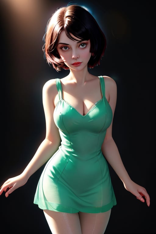 A close-up shot of a standing confidently against a dark background. (Elizabeth from Bioshock) She wears a mini see through dress that showcases her toned legs, paired with opaque black pantyhose that adds a touch of sophistication. Her bright blonde hair is styled neatly, framing her face as she gazes directly at the camera with a hint of mischief in her eyes. Slight false smile