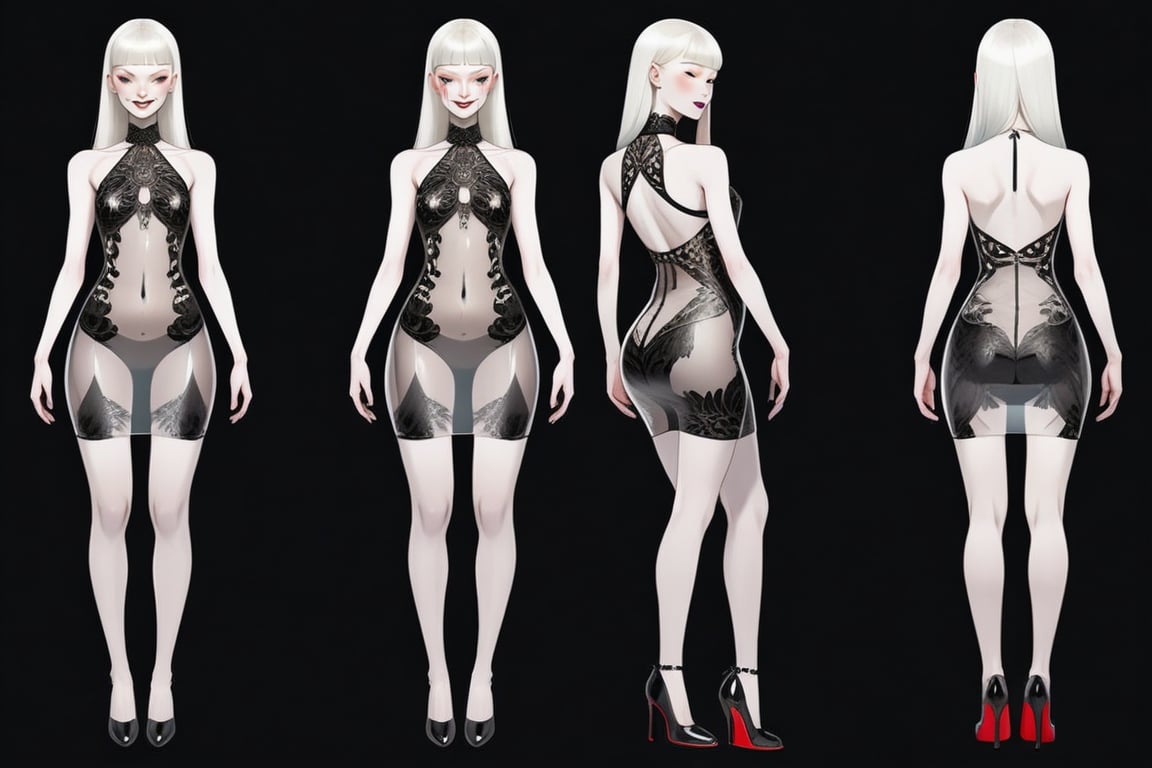 ((Front and back detail view)) Finnish girl. (Fashion Lookbook) Stunning. Smiling. Detailed High heels. Skinny body. Red and black Long hair with bangs. Wide hips. Happy. mini tight transparente see through dress. Standing. Pale skin.