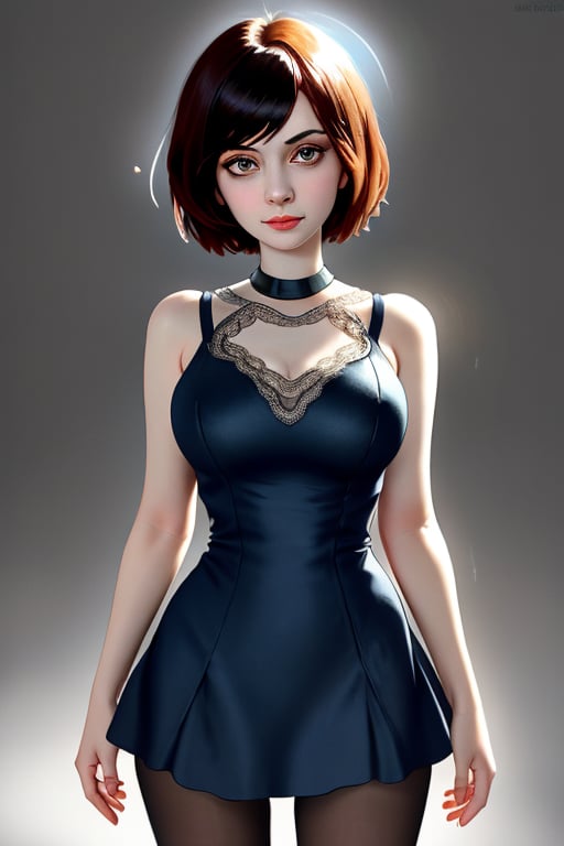 A close-up shot of a standing confidently against a dark background. (Elizabeth from Bioshock) She wears a mini see through dress that showcases her toned legs, paired with opaque black pantyhose that adds a touch of sophistication. Her bright blonde hair is styled neatly, framing her face as she gazes directly at the camera with a hint of mischief in her eyes. Slight false smile