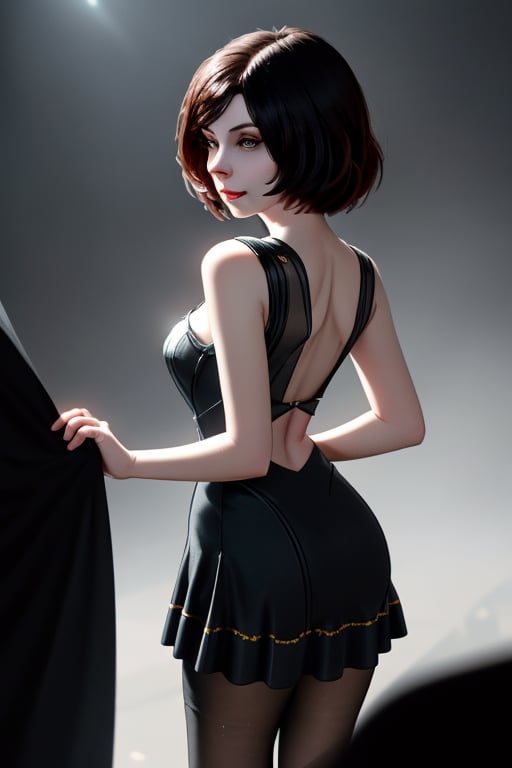 A close-up shot of a standing confidently against a dark background. ((Front and back orthographic view))(Elizabeth from Bioshock) She wears a mini see through dress that showcases her toned legs, paired with opaque black pantyhose that adds a touch of sophistication. Her bright blonde hair is styled neatly, framing her face as she gazes directly at the camera with a hint of mischief in her eyes. Slight false smile