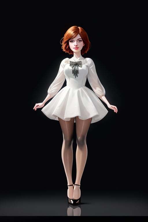 A close-up shot of a standing confidently against a dark background. (Elizabeth from Bioshock) She wears a mini see dress that showcases her toned legs, paired with opaque black pantyhose that adds a touch of sophistication. Her bright blonde hair is styled neatly, framing her face as she gazes directly at the camera with a hint of mischief in her eyes. Slight smile, high heels