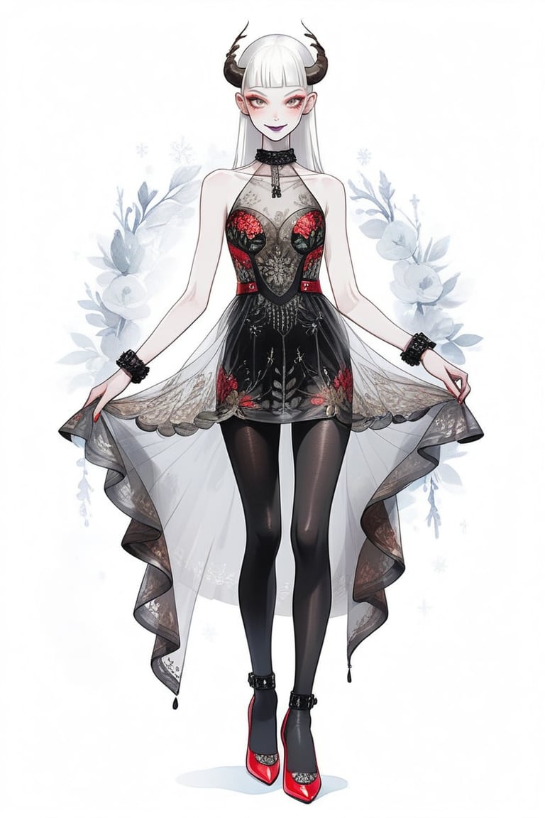 ((Front and back detail view)) Finnish girl. (Fashion Lookbook) Stunning. Smiling. Detailed High heels. Skinny body. Long hair with bangs. Wide hips. Eye shadows. Happy. Light red mini tight transparente see through dress. Standing. Pale skin. Black pantyhose. Cute face