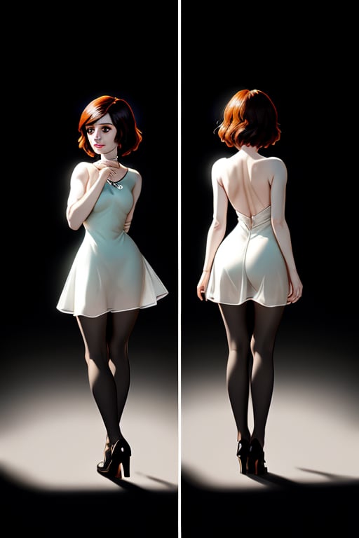 (Front and back view) A standing confidently against a dark background. (Elizabeth from Bioshock) She wears a mini see through dress that showcases her toned legs, paired with opaque black pantyhose that adds a touch of sophistication. Her bright blonde hair is styled neatly, framing her face as she gazes directly at the camera with a hint of mischief in her eyes. Slight false smile