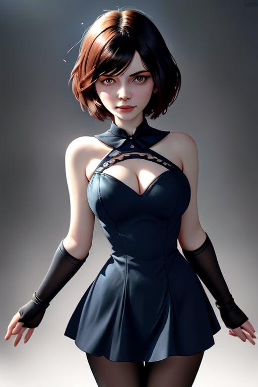 A close-up shot of a standing confidently against a dark background. (Elizabeth from Bioshock) She wears a mini see through dress that showcases her toned legs, paired with opaque black pantyhose that adds a touch of sophistication. Her bright blonde hair is styled neatly, framing her face as she gazes directly at the camera with a hint of mischief in her eyes. Slight false smile